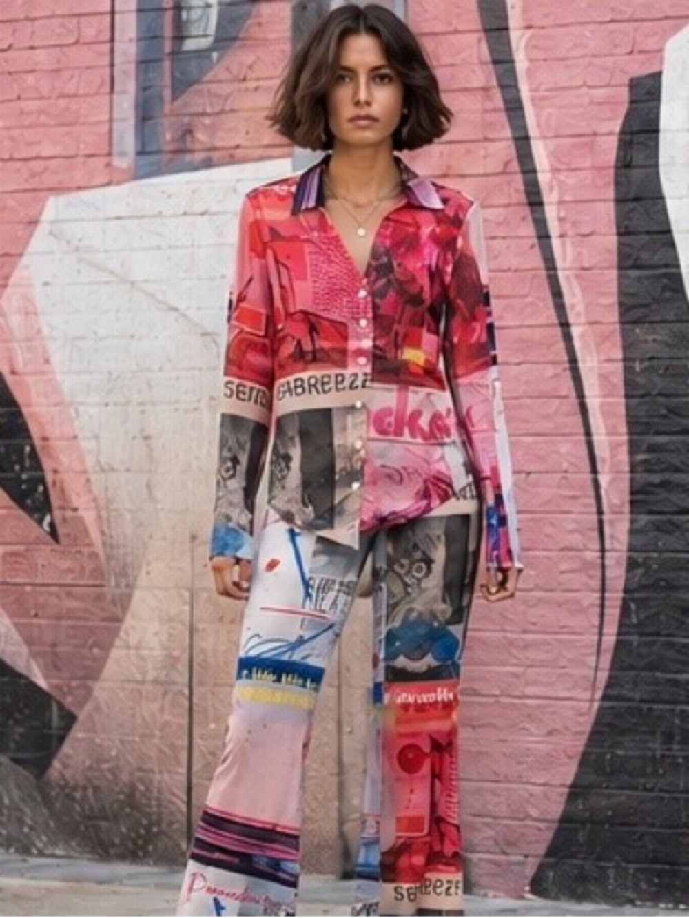NWT Endless Moon Collage Print Pant Set Semi Sheer Button Front & Flare Pants M